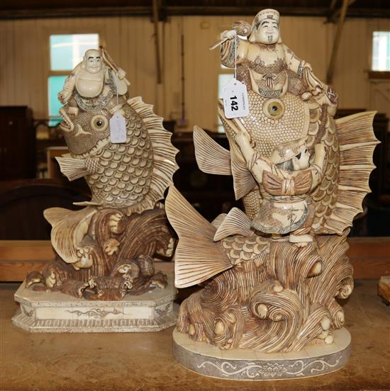 Two Oriental sectional bone groups of Japanese Immortals riding leaping carps(-)